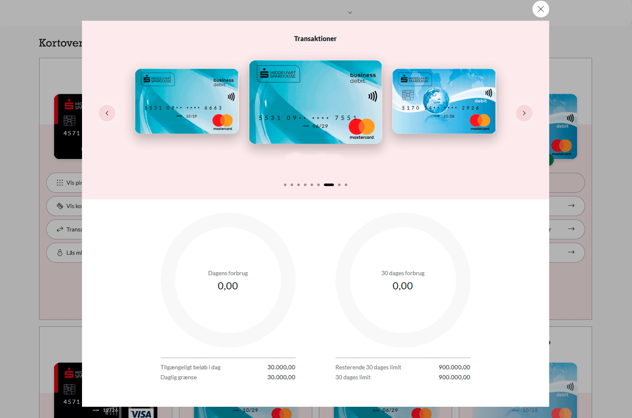 Vi har tilføjet en ny funktion i kortoversigten, så du hurtigt kan se både dine forbrugsgrænser og dit aktuelle forbrug på dit betalingskort.